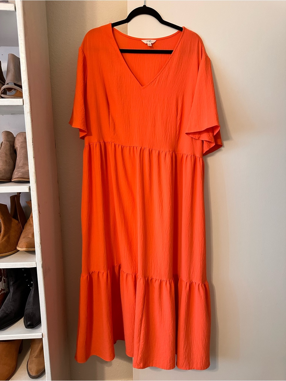 Terra & Sky Vibrant Orange V-Neck Tiered Midi Dress